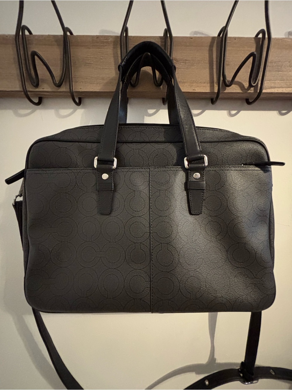 Coach Black/Grey Signature Leather Briefcase + Coach Dust Bag